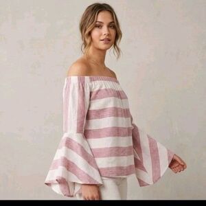 Shyanne Off The Shoulders Blouse Size M  Flare Sleeve Striped Rayon